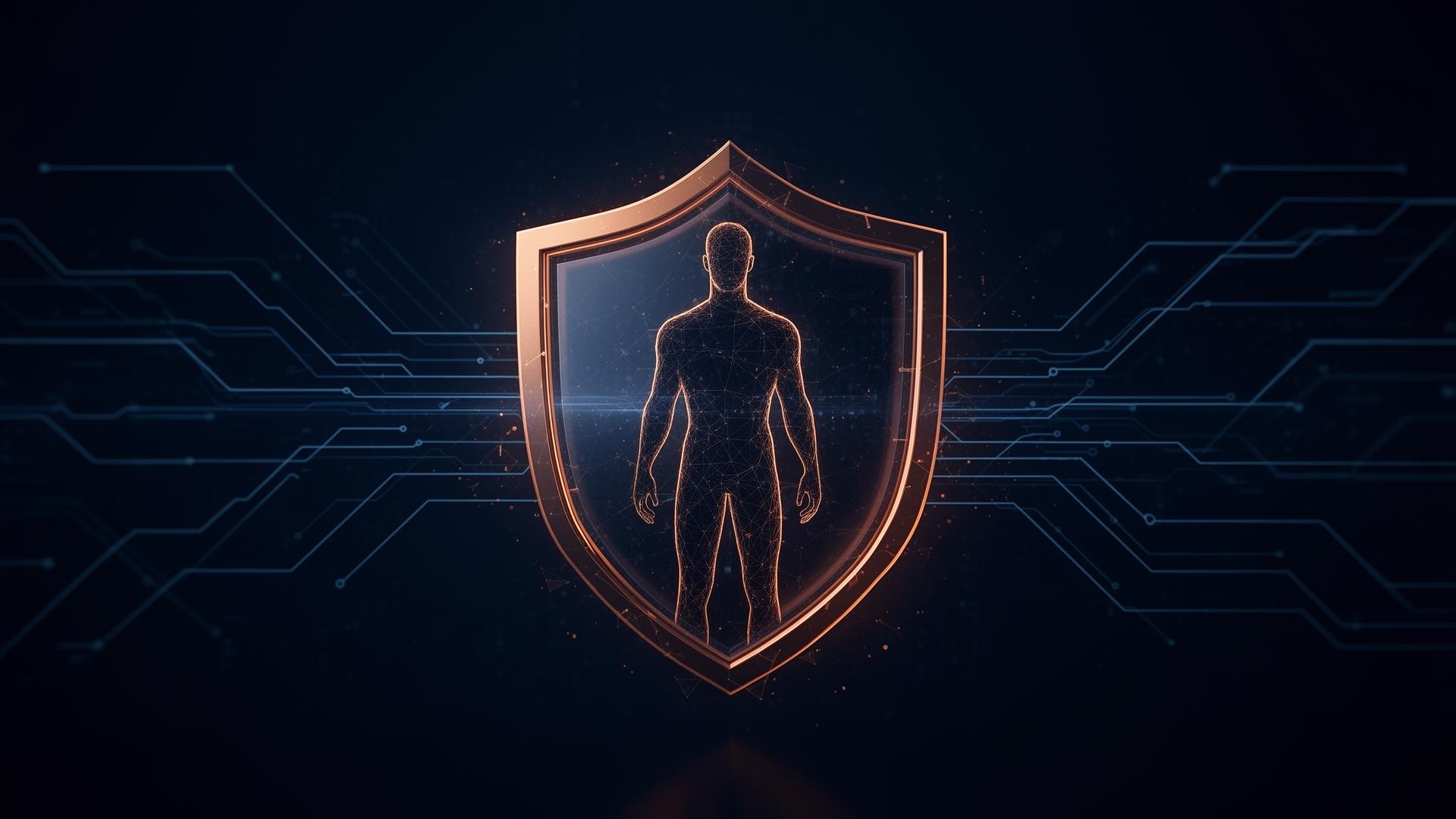 Human silhouette protected by a digital cybersecurity shield